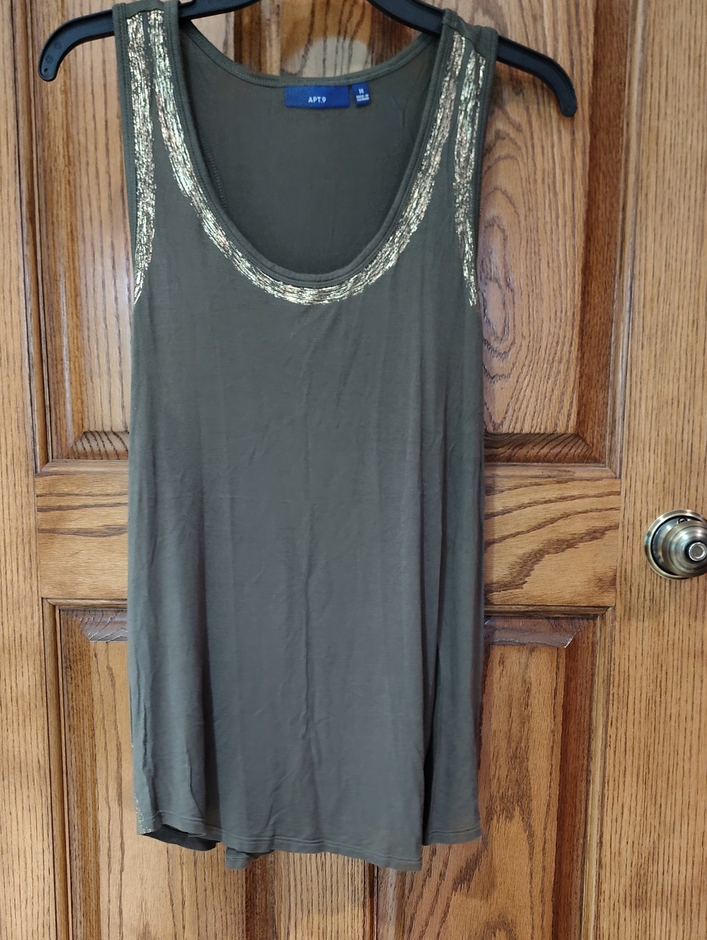 Apt. 9 Olive Tank Top with Metallic Gold Trim at Neck and Down Both Sides M